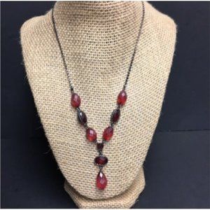 Anne Klein Y Drop Necklace Raspberry Red Black Faceted Gunmetal Silver Retro
